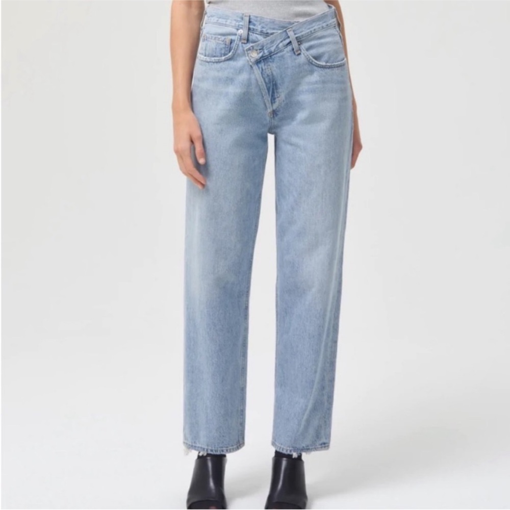 Agolde Mid Wash Criss Cross Cropped Raw Hem Straight Wide Leg Jeans Size 28 EUC